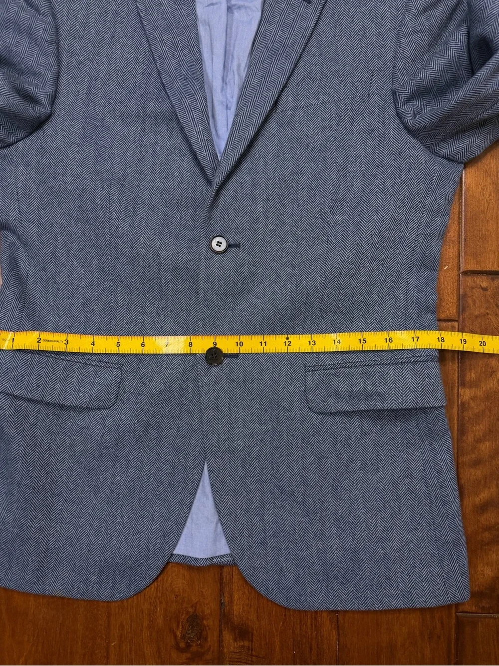 H&M Blue Herringbone Blazer with Brown Elbow Patches Extra fine Wool sz. 38R